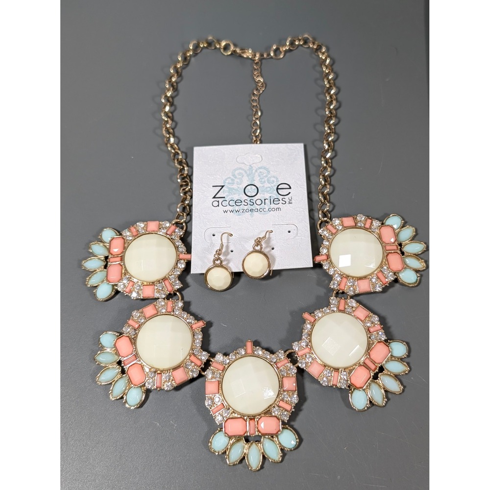 Zoe Accessories Blush Pink Mint Statement Necklace Earring Set 20" New - Picture 2 of 8